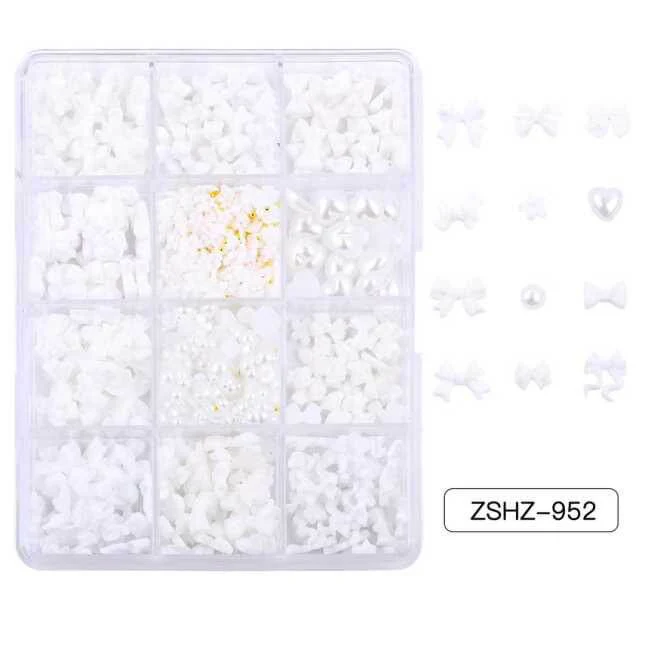 Nail Charm Resin Pearl White Bows – 12 Designs/Box (Z952)